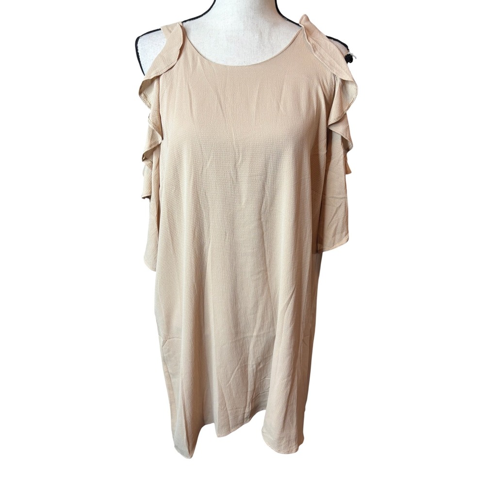 Umgee Womens Tan Ruffle Cold Shoulder Shift Dress Beige Small